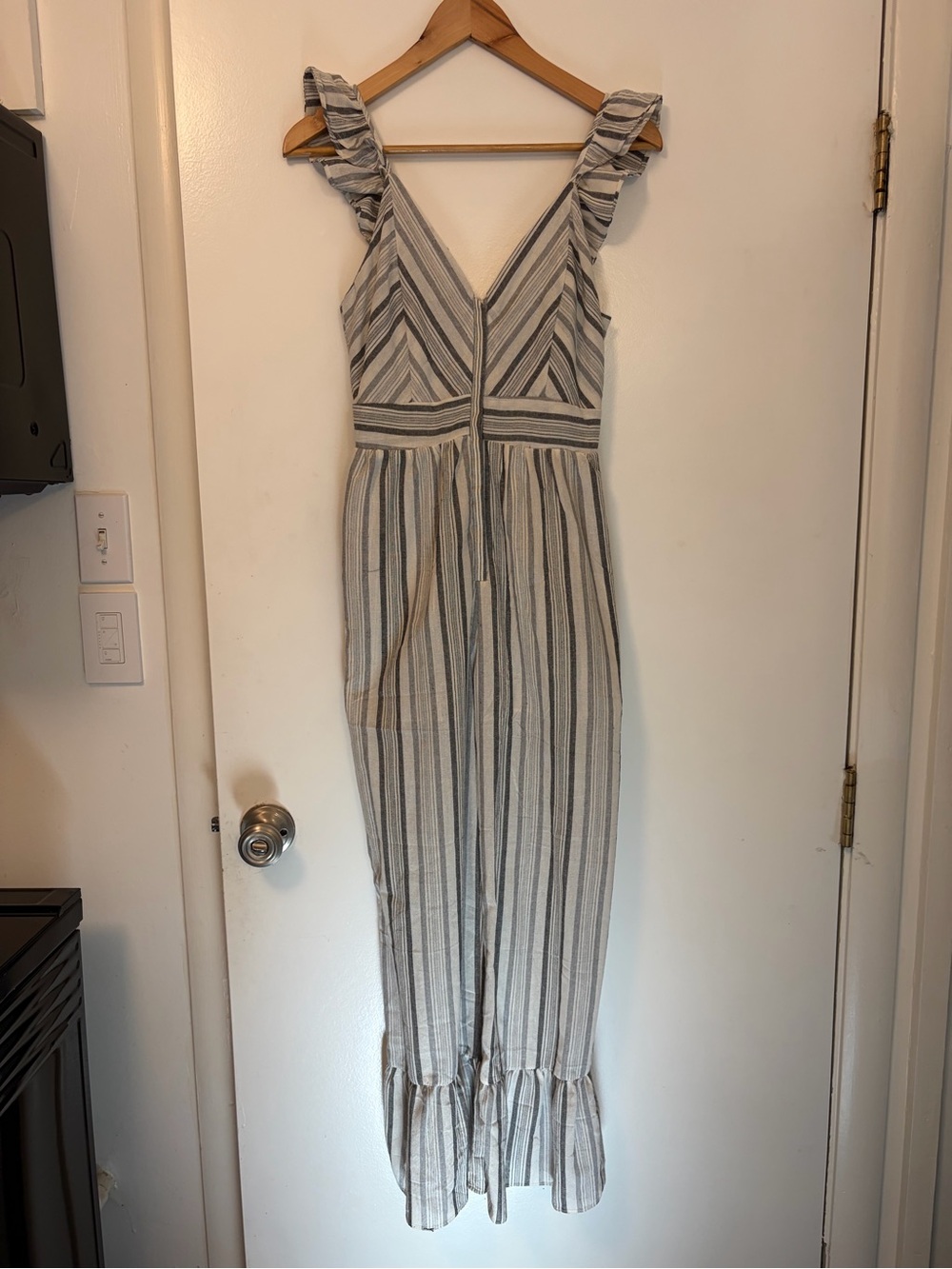 Storia Striped Ruffle-Trim Jumpsuit in White and Gray